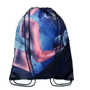 Sac à cordon en PET recyclé en couleur avec fermeture à glissière et pochette en filet
