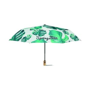 Imprimé sur toute la surface, parapluie coupe-vent. poignée bois et ouverture auto